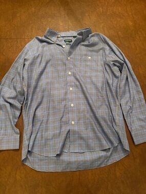 Orvis Never Worn Men's Light Blue and Yellow Plaid Button-Up Shirt
